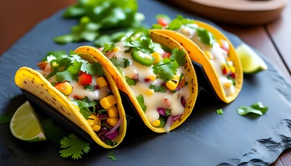 Deliciously baked Mexican enchiladas topped with melted cheese and cilantro, accompanied by a vibrant corn salad on a dark stone surface