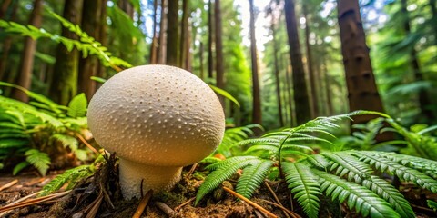 A solitary, mature western giant puffball fungus grows in a lush, green forest, its smooth, rounded, earth-toned cap-reaching impressive size-amongst ferns and leaf litter.