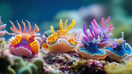 A group of colorful nudibranchs (sea slugs) crawling across the reef, with their vibrant hues and intricate patterns clearly visible.