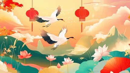 Colorful vector illustration of cranes flying over lotus flowers with red lanterns and green mountains in the background, showcasing traditional Chinese elements. The scene is designed in a vibrant, c