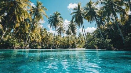 Wall Mural - A lagoon with brilliant blue waters and tall palm trees swaying in the breeze.