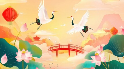 Colorful vector illustration of cranes flying over lotus flowers with red lanterns and green mountains in the background, showcasing traditional Chinese elements. The scene is designed in a vibrant, c