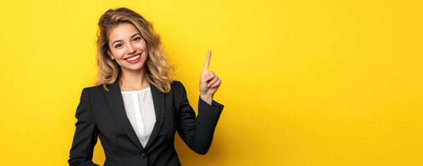 Young smile businesswoman in suit pointing to empty copy space on color background, banner template