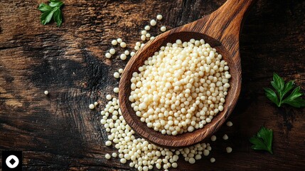 Close-up of couscous in a wooden spoon