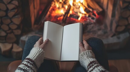 Close-up of a woman's hands holding a blank white book with a black cover, sitting in front of a fireplace in a cozy winter scene