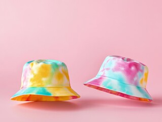 Bucket hat with tiedye pattern mockup, colorful and vibrant, front and side views, great for youth and festival fashion