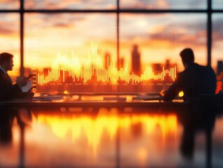 Poster - Businessmen Analyzing Financial Data with Sunset View.