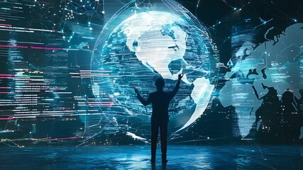Digital earth hologram with futuristic global connections and data analysis in an immersive virtual environment