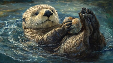 A sea otter floating on its back, using a rock to crack open shellfish, highlighting its playful and resourceful nature.