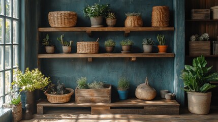 Canvas Print - Plants and Baskets on Wooden Shelves Against a Blue Wall