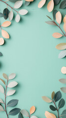 Canvas Print - Green and beige leaves frame on a turquoise background.