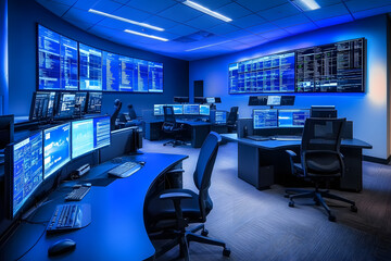 Wall Mural - The command center features numerous computer workstations and large screens displaying real-time data during an emergency response