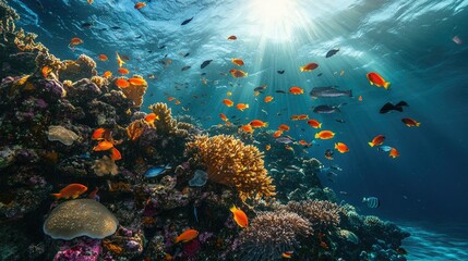 A vibrant coral reef teeming with colorful fish and marine life, showcasing the beauty of underwater biodiversity.