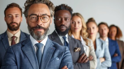 A diverse group of professionals in formal attire poses confidently together in a bright office setting