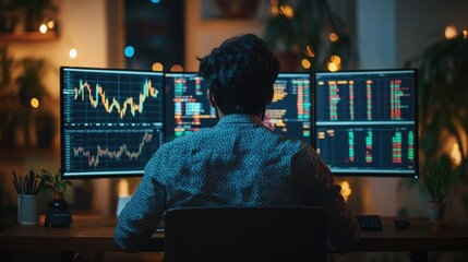 A man sits in front of three monitors, analyzing stock market charts in a dimly lit room.