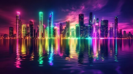 Neon Glow: Abstract City Skyline Reflecting on Water with Vibrant Colors