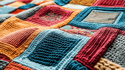 Canvas Print - Close-up of a colorful crochet blanket with a patchwork pattern consisting of various colors and textures. The blanket features squares in shades of red, blue, yellow, and orange.