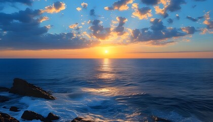 Wall Mural - tranquil seascape at sundown with vibrant blue sky and golden sun reflecting on the serene waters