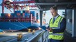 © hobonski - Cargo Shipping and Logistics Manager Inspecting Container Ship. A confident shipping and logistics manager in a safety vest inspects a cargo container ship at a busy port.