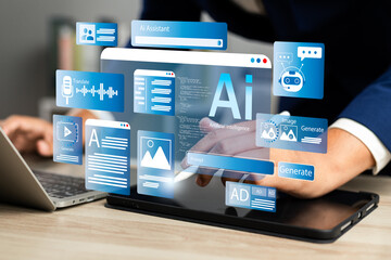 Fototapete - Ai, Artificial intelligence, Man uses laptop  to access artificial intelligence tools for content Creation, Chatbots, Image generation, Coding, Translation, and Digital advertising solutions