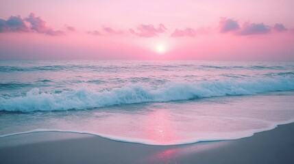 Wall Mural - Gentle ocean waves rolling onto a pristine sandy beach at sunset, with a pink sky in the background.