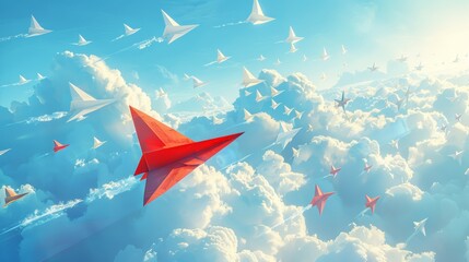 digital watercolor artwork, a red and white paper plane fly over blue terrain and sky, representing the concept of corporate teamwork and the path to business success.