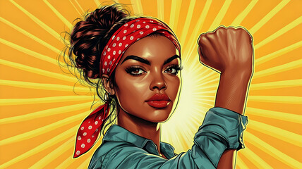 A strong and confident woman with her fist raised high, a symbol of empowerment and determination.