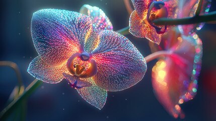 Wall Mural - A close up of glowing orchid, each petal reflecting radiant spectrum of colors, creating mesmerizing visual effect. delicate details and vibrant hues evoke sense of wonder and beauty