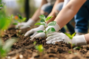 Wall Mural - Volunteering wearing blank white gardening planting outdoors.