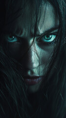 A woman with long dark hair and a piercing gaze. The image is dark and moody, with a sense of foreboding