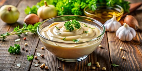 Freshly prepared mayonnaise sauce sits in a bowl, garnished with chopped fresh parsley and minced garlic, against a rustic wooden table background.