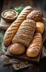 Wall Mural - A selection of fresh bread and baguettes on a table with sunflower seeds bowl