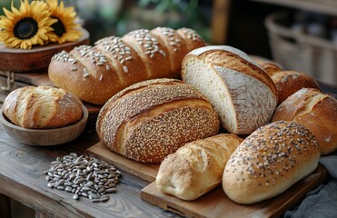 Wall Mural - A selection of fresh bread and baguettes on a table with sunflower seeds bowl