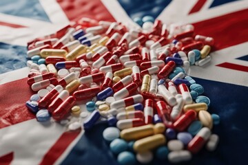 art concept of brexit about pharmaceutical sector. european medicines agency. uk shape made of drugs