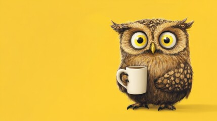 A funny owl cartoon holding a coffee mug, eyes wide open, isolated on a pastel yellow background.