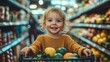 © Aquarii - A cheerful child enjoying shopping in a grocery store, surrounded by fresh fruits and vibrant colors.