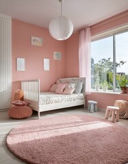 interior Pink kids cute bedroom with furniture and carpet floor. pink lover