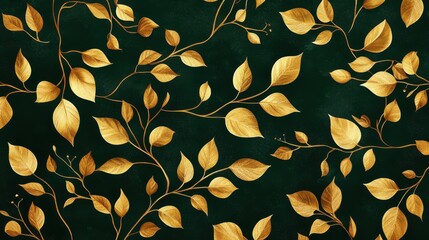 Poster - Vibrant Golden Leaves Cascading on a Dark Green Background