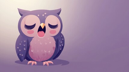 a sleepy cartoon owl with droopy eyes, yawning, isolated on a pastel purple background.