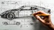 © Veayo - a human hand and a robotic digital hand designing and pencil sketching a car together