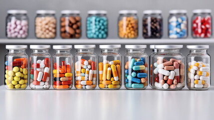 Poster - Glass jars filled with various colorful capsules and pills arranged on shelves in a pharmacy or laboratory setting