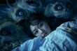 © S - Calm sleep of woman horror monsters close behind. Peaceful sleeping woman juxtaposed eerie nightmarish creatures. Eerie illusions of night bringing surreal nightmares sleep.