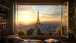 © Veayo - A overlooking view from high biuiding to the Eiffel Tower at golden sunset, the romantic cityscape view outside the window. A cozy reading nook