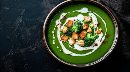 Poster - Bowl of green vegetable soup garnished with broccoli florets, croutons, a drizzle of cream, and a sprinkle of spices on a dark rustic background.