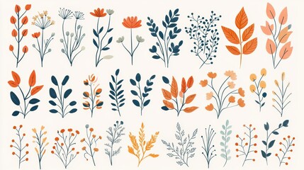 Sticker - A vibrant autumn botany set with doodle-style flowers, herbs, and berries. Each piece is thoughtfully crafted with fine lines and subtle detailing, offering a contemporary take on traditional