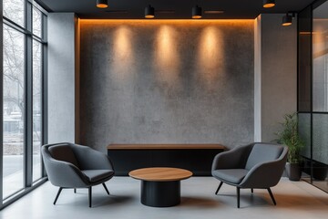 Minimalist waiting area with two gray armchairs, a wooden coffee table, and a gray concrete wall with warm lighting.