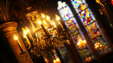 Canvas Print - Elegant chandelier illuminated within a historic church adorned with stunning stained glass windows