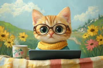 Adorable kitten with glasses enjoys cozy reading in a vibrant floral setting. AI