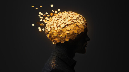 Silhouette of a man with a brain made of gold coins on black background representing wealth creativity and financial thoughts
