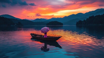 Wall Mural - A serene evening scene with vibrant sunset hues illuminating distant mountains. A tranquil lake reflects the colors, featuring a small wooden boat. 